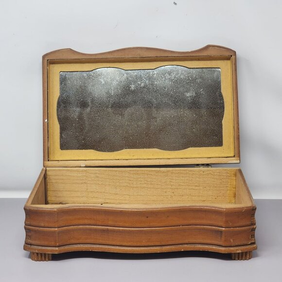 Vintage Wooden Dovetail Jewelry Box With Mirror & Floral Design - Picture 8 of 12